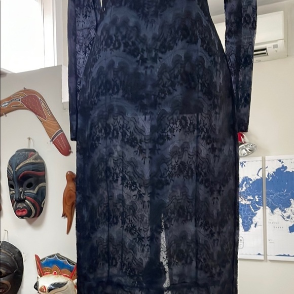 Elegant Lace Midi Dress Sweetheart Neckline Long Sleeve Sheer Satin Navy Blue M - Picture 10 of 16